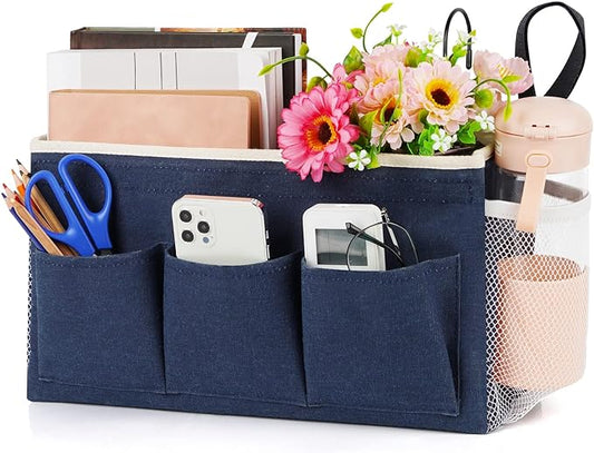 Bedside Caddy Bedside Organizer Bedside Storage Caddy with Fixed Straps and Water Bottle Holder for Home College Dorm Bunk Bed Hospital Bed Crib Bed Rails (Navy Blue)