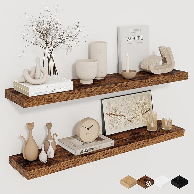 32Inch Floating Shelves for Wall 2 Pack Wood Shelves for Kitchen, Bathroom, Bedroom Wall Mounted Rustic Wood Floating Shelf with Invisible Brackets for Books, Storage, Decor, Rustic Brown