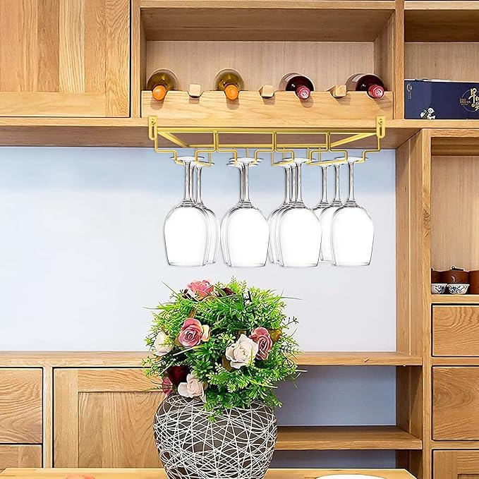 AUHOKY Adjustable Wine Glass Holder Under Shelf, Nail Free Metal Stemware Holder Storage Hanger, Hanging Wine Glasses Rack Organizer Under Cabinet Mount for Bar Kitchen (4 Rows, Gold)