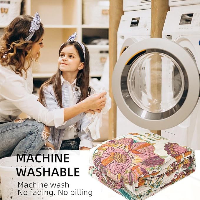 Boho Throw Blanket for Bed - 100% Pure Cotton Ultra Soft Rustic Quilt - Farmhouse Decor Bed Blankets, All Season Rustic Throw for Sofa Couch Chair(91''x 98'', Floral Blossom)