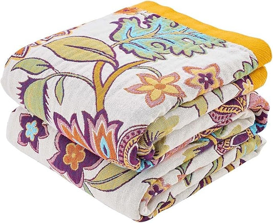 Boho Throw Blanket for Bed, 100% Cotton Soft Rustic Quilt Fall Blanket, 80"x90" Floral Printed Farmhouse Decor Bed Blankets, All Season Rustic Reversible Bohemian Throw Quilt