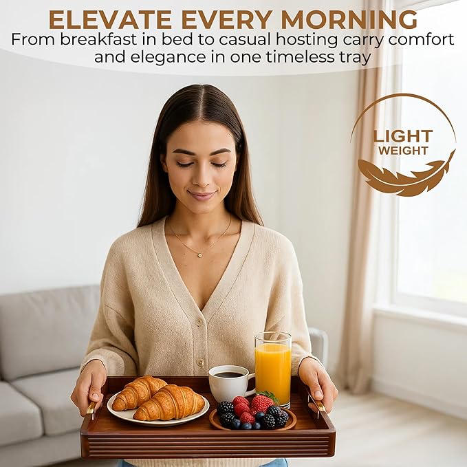 Acacia Wood Serving Tray with Metal Handles – 17x12in Rustic Decorative Ottoman & Coffee Table Tray for Breakfast in Bed, Dinner, Bar, Kitchen, Home Décor & Entertaining