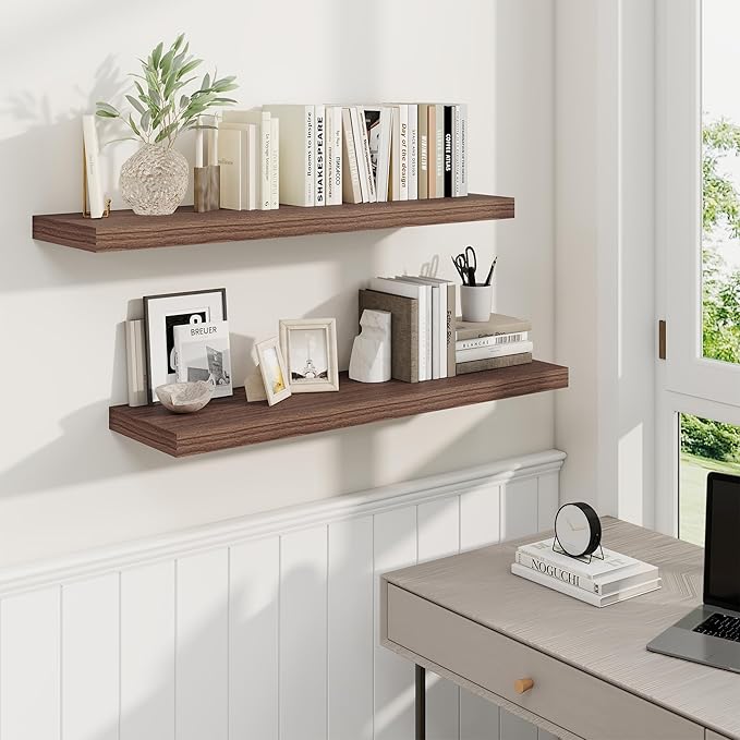 36 Inch Floating Shelves, 9.3 Inch Deep Rustic Wall Shelves - Extra Deeper Wall Mounted Storage Shelves for Bathroom, Kitchen, Living Room (Walnut, Set of 2)