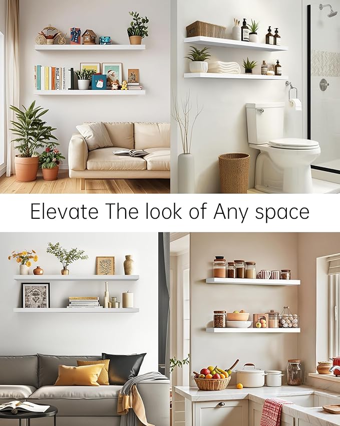 BAYKA Floating Shelves, 48 inches Long Heavy Duty Wall Mounted Rustic Wood Shelves for Bathroom, Bedroom, Living Room, Kitchen, Office, Hanging Shelf for Books/Storage/Decor(White,Set of 2)