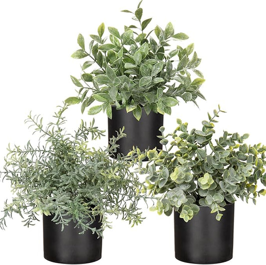 3 Pack Small Fake Plants for Shelf Decor Accents with Plastic Black Pot Artificial Potted Plants for Rustic Farmhouse Decor Faux Plants Indoor Fake Potted Plants Artificial for Home Office Decor
