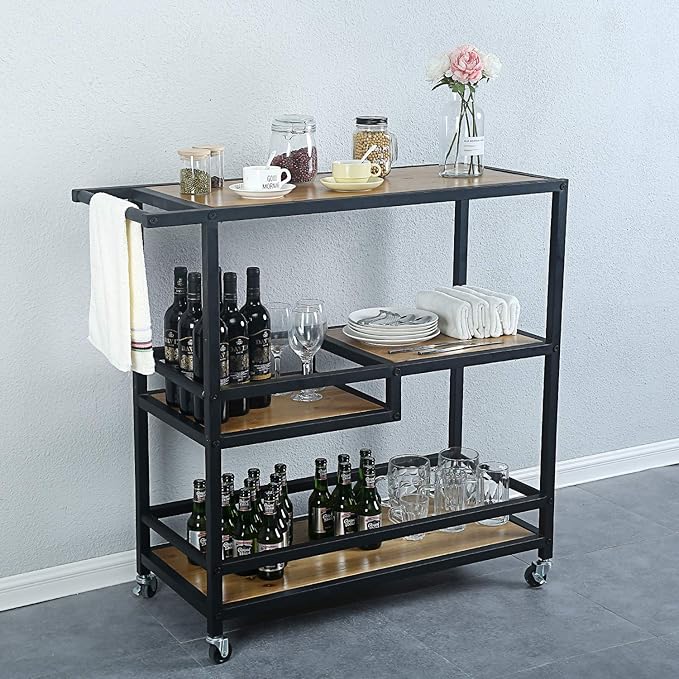 Bar and Serving Cart Industrial & Modern Rustic Rolling Bar and Serving Cart,3-Tiered Wood & Metal Kitchen Bar Cart Island with Wheels,Move Storage Coffee/Wine Island Shelf,Black