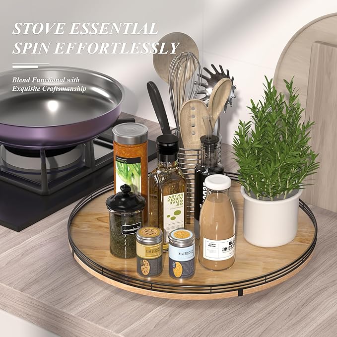 21" Lazy Susan Oak Wood Turntable Organizer for Cabinet, Farmhouse Round Wooden Large Lazy Susan Organization and Storage for Dining Table, Pantry, Kitchen, Countertop, Cupboard, Home Decor