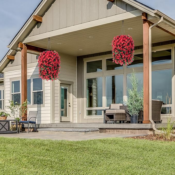 Artificial Fake Red Hanging Flowers Plants Basket for Outdoor Outside Winter Christmas Decor, Faux Silk Look Real UV Resistant Orchid for Fall Porch Garden Yard Patio Home