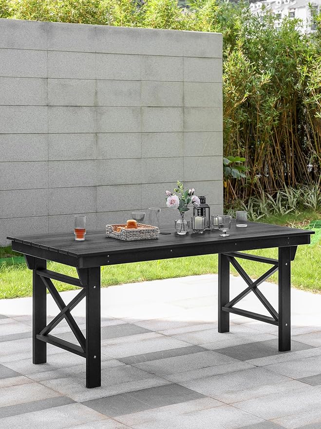 HDPE Outdoor Dining Table, 66.9” Rectangle Patio Dining Table for 6, All-Weather HDPE Outdoor Table with 2.2” Umbrella Hole, HDPE Patio Furniture for Deck, Backyard, Garden, Pool, Obsidian