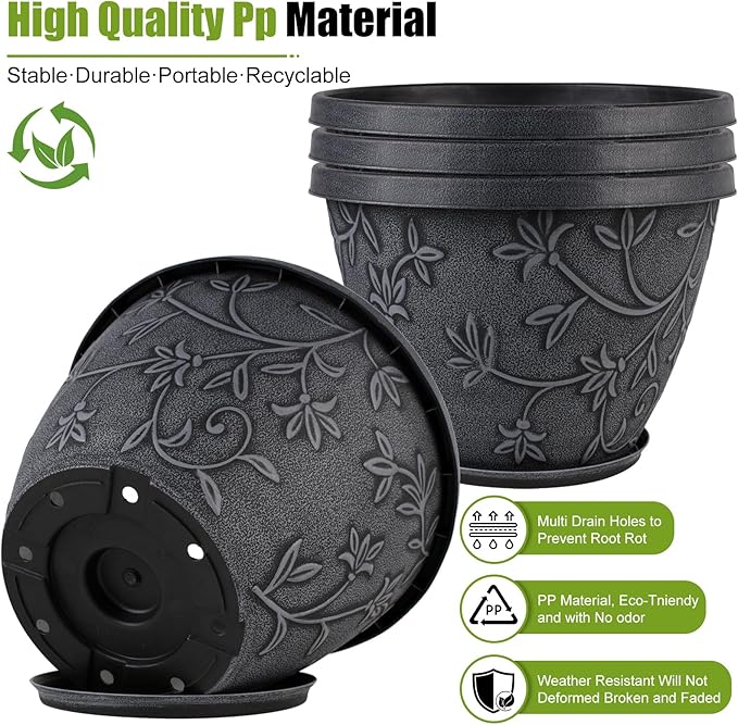 4 Pack 10 Inch Plant Pot for Outdoor Indoor, Plastic Flower Pots with Drainage Hole & Saucer, Lightweight Small Resin Flower Pot, Imitation Magnolia Planter Pots for Garden House（Gray）