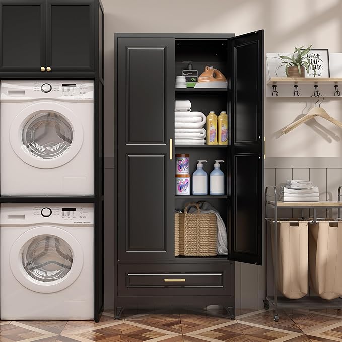 75" Kitchen Pantry Cabinet with Drawer, Metal Storage Cabinets with Doors and 4 Adjustable Shelves,Black Kitchen Cabinet with 2 Gold Handles,Food Cupboard for Livingroom,Pantry