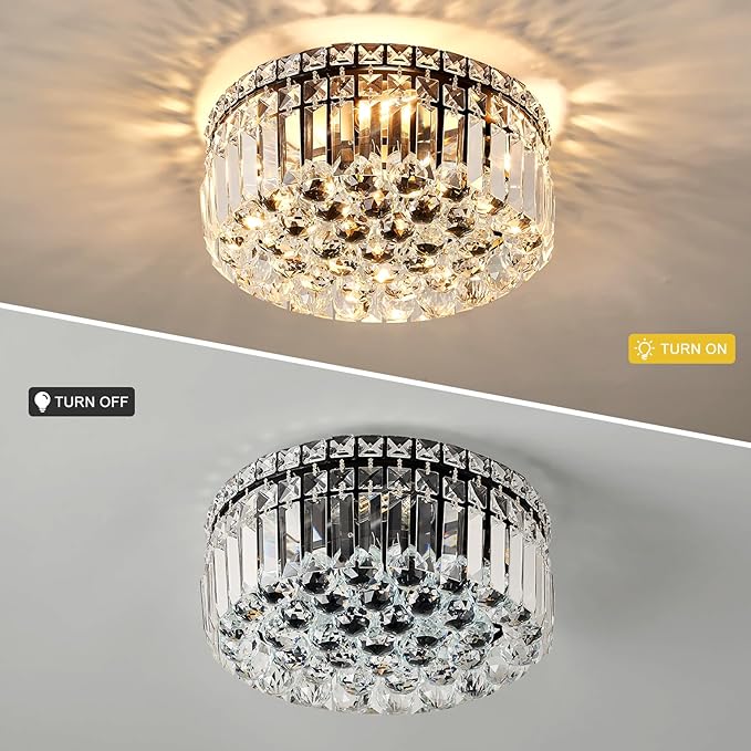 4-Light Black Crystal Chandeliers Flush Mount Chandelier Light Fixture with K9 Crystals Modern Ceiling Lights Elegant Round Lamp for Bedroom,Hallway,Bar,Living Room,Dining Room,H5.9 xW13.7