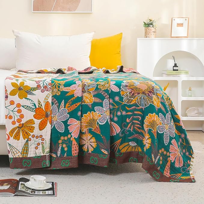 Boho Rustic Throw Blanket,100% Cotton Soft Vintage Bed Throw Blankets Floral Farmhouse Decor Throws,Reversible Throw for Sofa Couch, 60"×80" for All Seasons -White