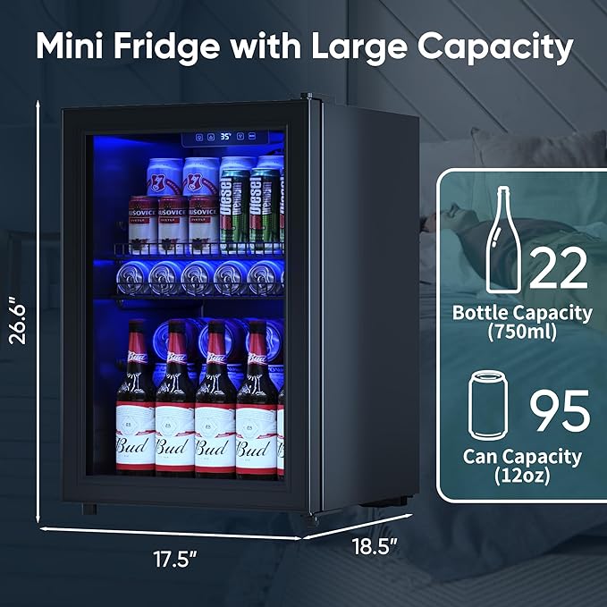 2.5 Cu.Ft Wine Fridge, Mini Fridge With Glass Door, Wine Cooler Refrigerator, Beverage Drink Beer Cooler, Adjustable Shelves & Digital Temperature Display, 22 Bottle 95 Can