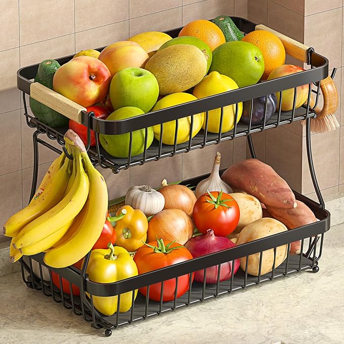 2 Tier Fruit Basket for Kitchen Counter with 2 Mobile Banana Hangers, 2025 Pro Detachable Metal Fruit Bowl with Wooden Handle, Fruit Holder for Bread Snack Veggies with Protective Mats