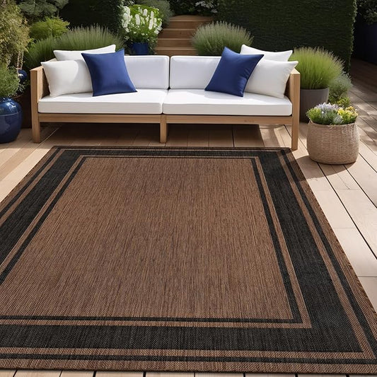 Beverly Rug Large Outdoor Rug 9x12 Modern Bordered Area Rugs for Indoor and Outdoor Patio Deck Porch Garden Waterproof Weather Sun Resistant Washable Outside Carpet (9 x 12 Gold)