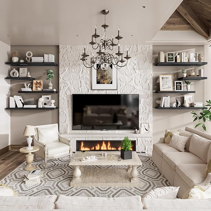 Heimlove 12" Deep Black Floating Shelves for Wall, 24 Inch Wall Shelf Bathroom Shelves Set of 2, Wall Mounted Shelves for Books Living Room Laundry Room Bedroom Kitchen Home Office