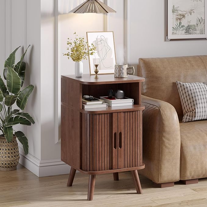 Alohappy Fluted End Table Set of 2, Mid Century Modern Nightstand with Sliding Tambour Door, Curved Round Edge Wood Bedside Table for Bedroom, Side Tables with Storage for Living Room, Walnut