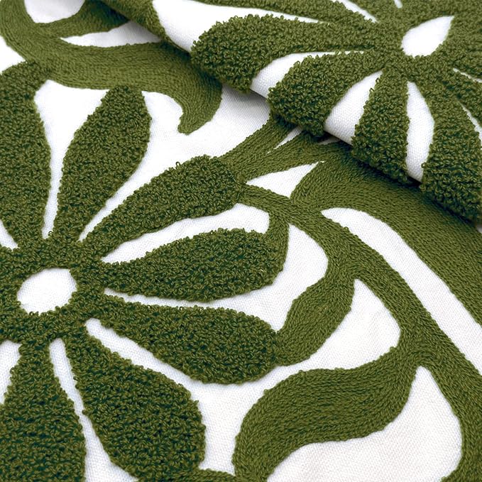 Alysheer Farmhouse Floral Leaves Embroidered Decorative Throw Pillow Cover 18x18 inches, Boho Tufted Flowers Embroidery Pattern Chic Cotton Cushion Case for Couch Bed Sofa Living Room(Olive Green)