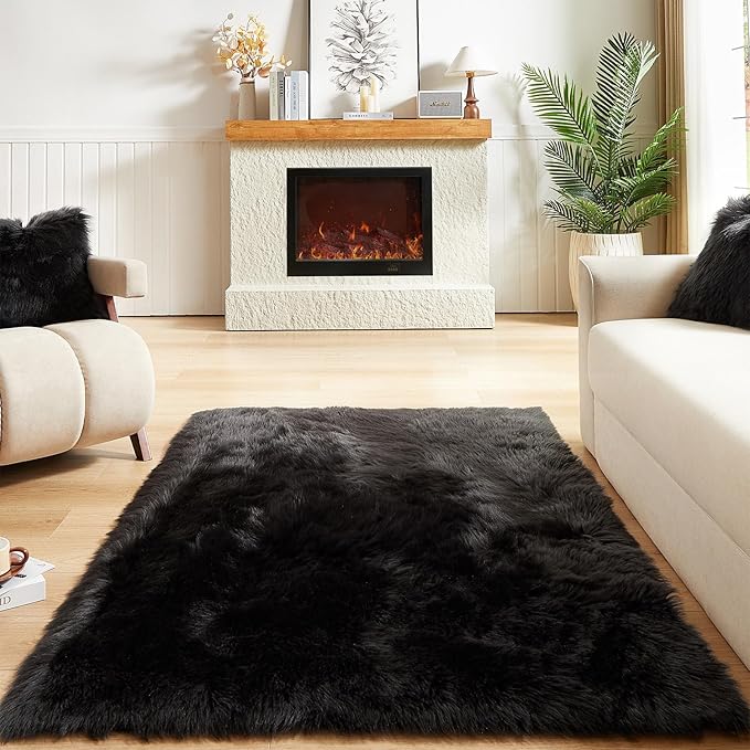 AMTOVO Faux Fur Sheepskin Rug for Living Room, 4 x 6 ft Black Fluffy Area Rug for Bedroom, Playroom, Luxury Room Decor, Rectangle