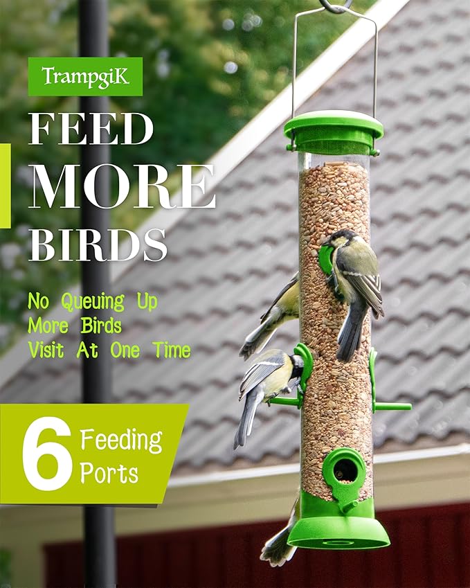Bird Feeder Premium Hard Plastic for Wild Bird Feeders for Outdoors, Tube Bird Feeders for Outdoors Hanging,14 Inch 6 Port Lawn,Pack of 1