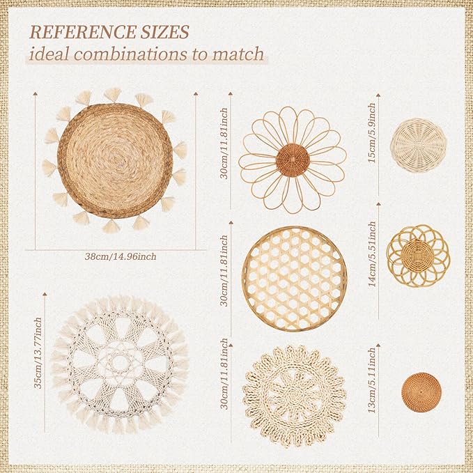 Boho Wall Basket Decor Set of 8 - Flat Woven Basket Wall Hanging Decor,Round Tassels White Macrame Tapestry Wall Decor Art,Handmade Rattan Wicker Seagrass Home Wall Baskets Decor（Boho Classic)