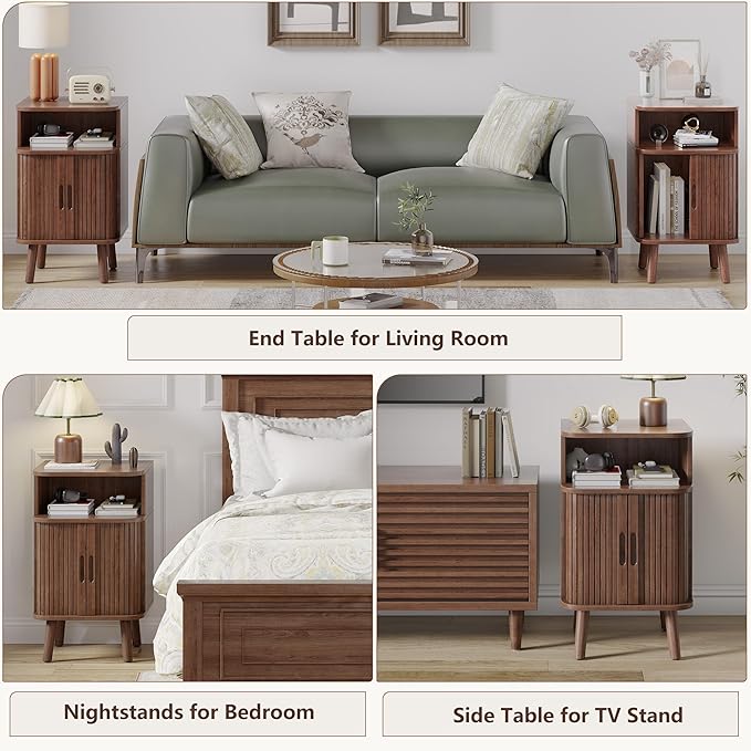 Alohappy Fluted End Table Set of 2, Mid Century Modern Nightstand with Sliding Tambour Door, Curved Round Edge Wood Bedside Table for Bedroom, Side Tables with Storage for Living Room, Walnut