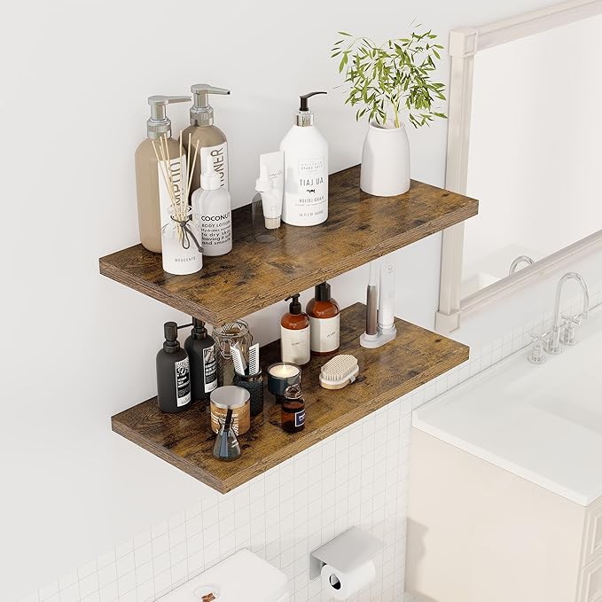 30" Floating Shelves for Wall, 12" Deep Slim Rustic Brown Floating Shelves, Wall-Mounted Shelves for Bedroom, Living Room, Kitchen, Bathroom - Set of 2