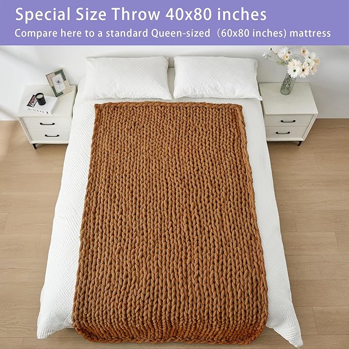 Bigacogo Chunky Knit Throw Blanket for Couch, 40x80 inches, 100% Hand Knitted with Thick Jumbo Chenille Yarn, Cozy Soft Large Rope Knot Cable Crochet Blankets for Sofa Bed Living Room, Caramel