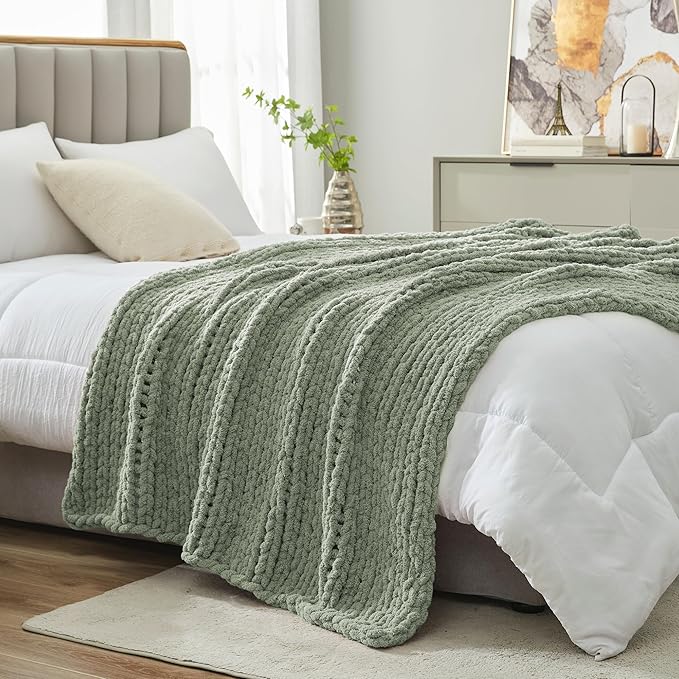 Amélie Home Chunky Knit Throw Blanket for Couch, Soft Chenille Crochet Blanket for Kids, 30"x40", Sage Green