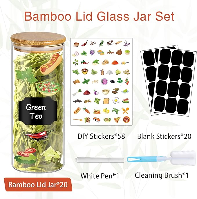 16 oz 20 pcs Glass Jars with Bamboo Lids, Stackable Clear Food Storage Jars, Airtight Kichen Glass Pantry Storage Containers with Lids for Rice, Candy, Sugar, Flour, Nuts, Cookie, Spice