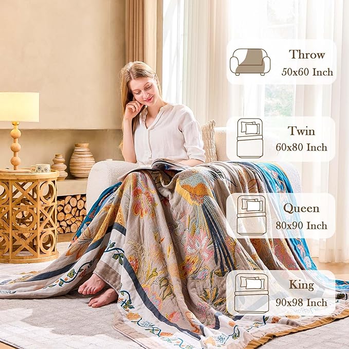 Boho Blanket, 100% Cotton Farmhouse Decorative Throw Blanket, 90"x98" Reversible Bohemian Throw Blanket, Brown All Season Muslin Breathable Woven Blankets Quilt