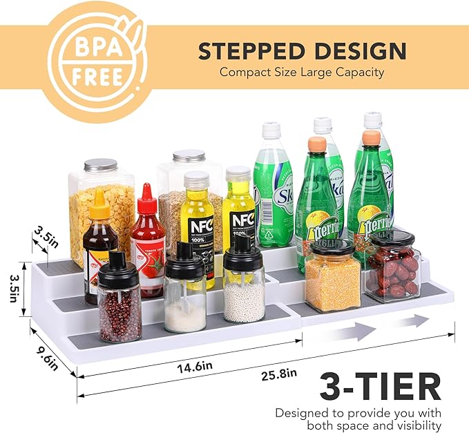 3 Tier Expandable Spice Rack Organizer, Plastic Spice Rack, Adjustable Length 14.6In-25.8In, Non-Skid Tiered Spice Shelf Organizer for Kitchen Cabinet, Cupboard, Pantry, White/Grey