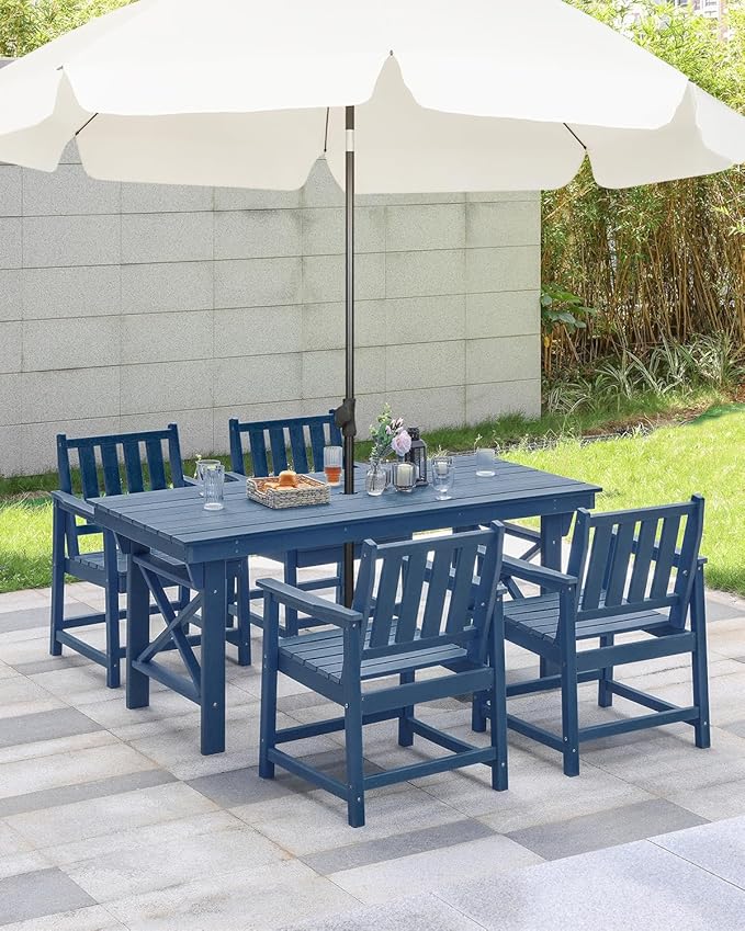 HDPE Patio Dining Set, 5-Piece Outdoor Table and Chairs with Umbrella Hole, Modern Outdoor Dining Set for 4, HDPE Outdoor Patio Furniture Dining Sets for Deck, Poolside, Porch, Navy