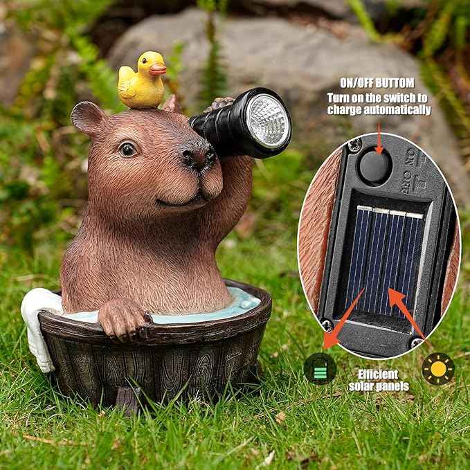 Capybara Solar Garden Statue – Funny Outdoor Resin Animal Decor with Flashlight & Duck – Waterproof Yard Lawn Ornament with LED Light – Solar Powered Figurine for Patio, Porch, Landscape