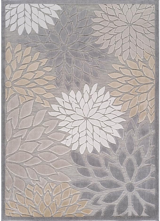 Beverly Rug Outdoor Rug 9x12 Large Modern Floral Tropical Area Rugs for Indoor and Outdoor Patio Easy to Clean Non Shedding Living Room Porch Garden Washable Outside Carpet (9 x 12 Gray)