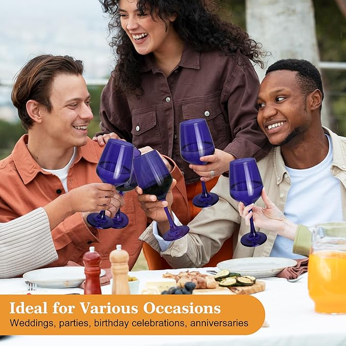 Purple Wine Glasses Set of 6-14oz Long Stem Wine Glass, Pretty Crystal Glassware, Hand Blown Goblets Drinkware, Unique Stemware Wine Glass Holiday Gift Set