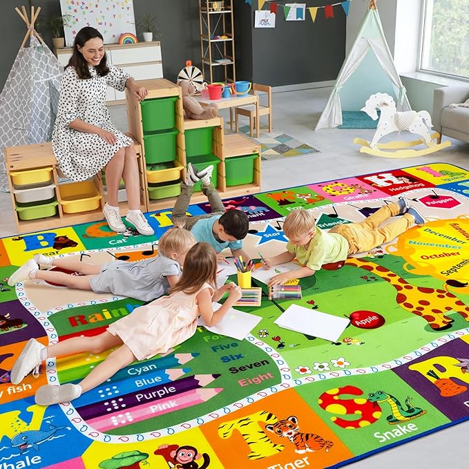 7x10 Playroom Rugs for Kids Washable, Educational and Fun Playmat with ABC Alphabet Animals Shapes Colors, Non-Slip Play Mat Learning Rugs for Baby Toddler Children Game Activity