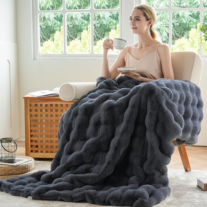 BENVWE Faux Fur Throw Blanket for Couch Bed - Fluffy Soft Thick Bubble Blanket for Living Room Home Decor - Fathers Day Birthday Gifts for Women Men, Grey, 63" x 80"