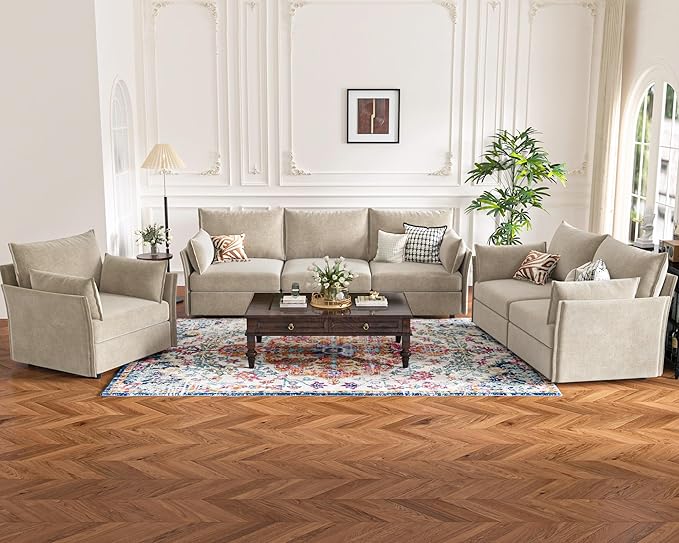 134.6" Modular Sectional Sofa, Oversized 4 Seater Couch with Removable Beige Chenille Fabric Cover, Deep Seat & High Backrest for Living Room, Office & Apartment