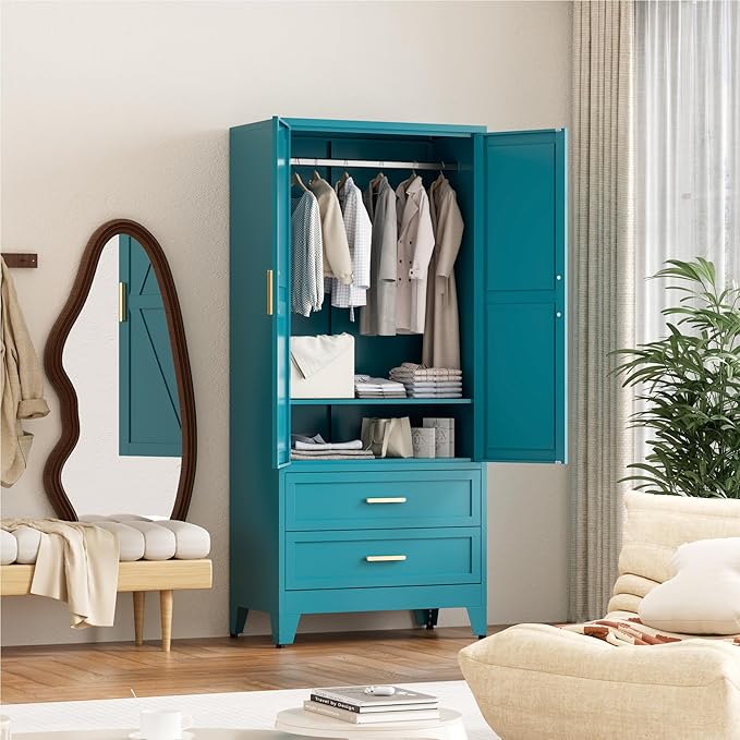 71'' Farmhouse Metal Wardrobe Cabinet with Hanging Rod, 2 Barn Door Wardrobe Closet with Adjustable Shelves,2 Drawer,for Dining Room,Bedroom,Living Room, Cloak Room,Office (Peacock Blue)