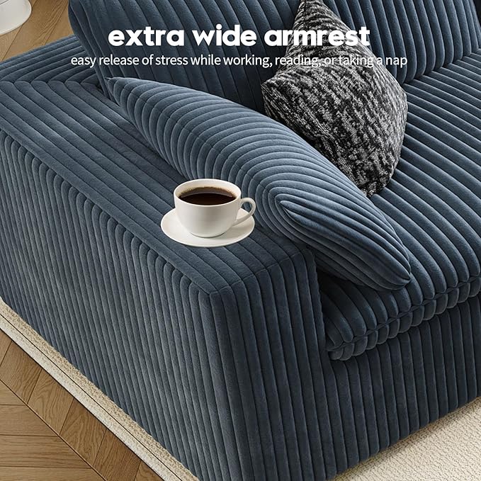 157.5" Cloud Couch Modular Sectional Sofa for Living Room,Modern Sofa with Deep Seat，L-Shape Boneless Couch with Ottoman,Comfy Upholstered Corduroy Couches for Apartment, Studio, Office,Bedroom，Blue