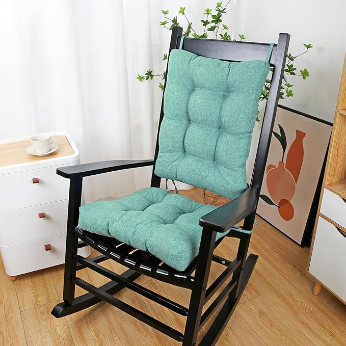 BUYUE Chair Cushion Set for Rocking Chair, Back Pillow & Seat Cushion with Ties, Original Woven Fabric Non-Slip Chair Pads for Elderly Sitting, Light Green