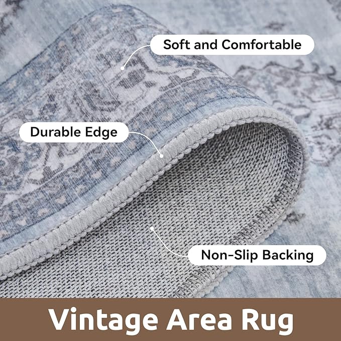AMOAMI-Vintage Area Rug 3x5 Blue Rugs for Living Room-Soft Washable Rug Non Slip Entryway Rug Indoor Vintage Throw Accent for Bedroom Laundry Room Dining Bathroom Bedside