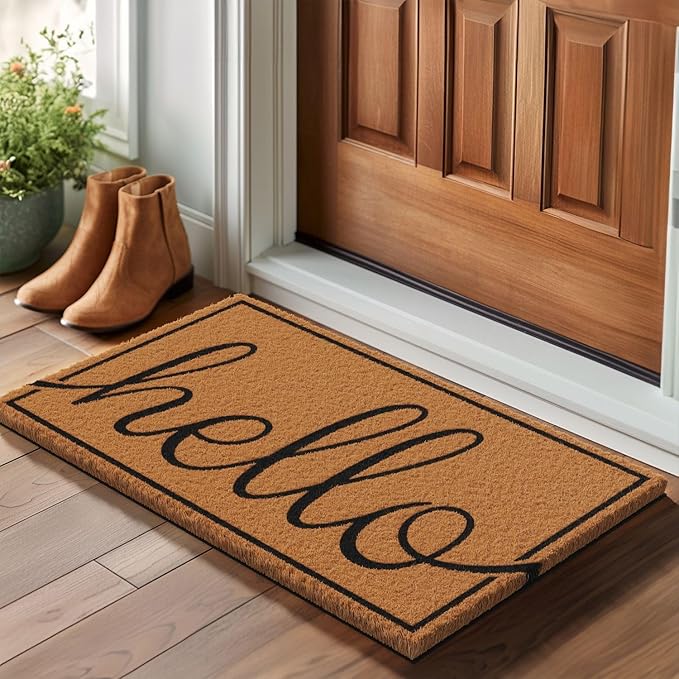 Barnyard Designs Natural Coco Coir Heavy Duty Backing Doormat - Large Cute Non-Slip Front Door Welcome Mat for Outside Entrance or Porch Entry, Brown (17x30, Hello)