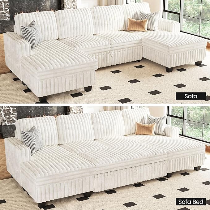 Belffin Modular Sectional Sleeper Sofa with Pull Out Couch Bed Corduroy Double Chaise with Storage White Couch