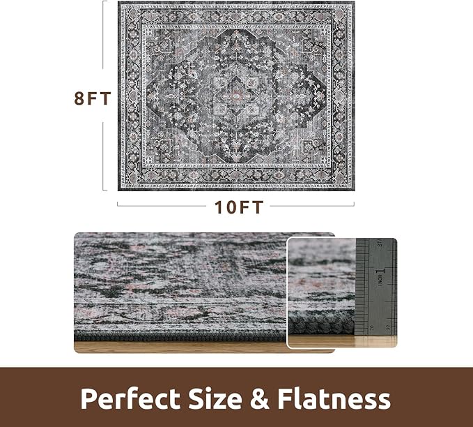AMOAMI-Area Rug 8X10 Rugs for Living Room-Vintage Soft Black Rugs for Bedroom-Non Slip Carpet-Washable Rug for Dining Room Living Room Bedroom Office Under Table Dark Grey & Black