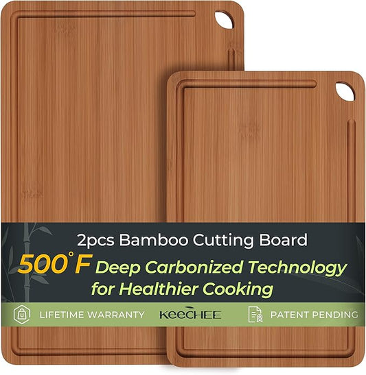 Butcher Block 2-Pcs Carbonized Bamboo Cutting Board Set With Juice Groove For Meal Prep & Cheese Serving - Ideal Kitchen Gift Set of 2 (M+L)