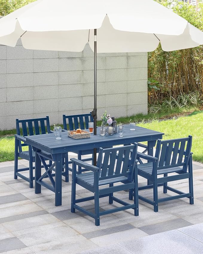 HDPE Outdoor Dining Set of 6, Patio Dining Table Set with 4 Chairs and 1 Bench, 6 Pieces HDPE Dining Set with Umbrella Hole, Outdoor Furniture Sets for Deck, Poolside, Garden, Navy