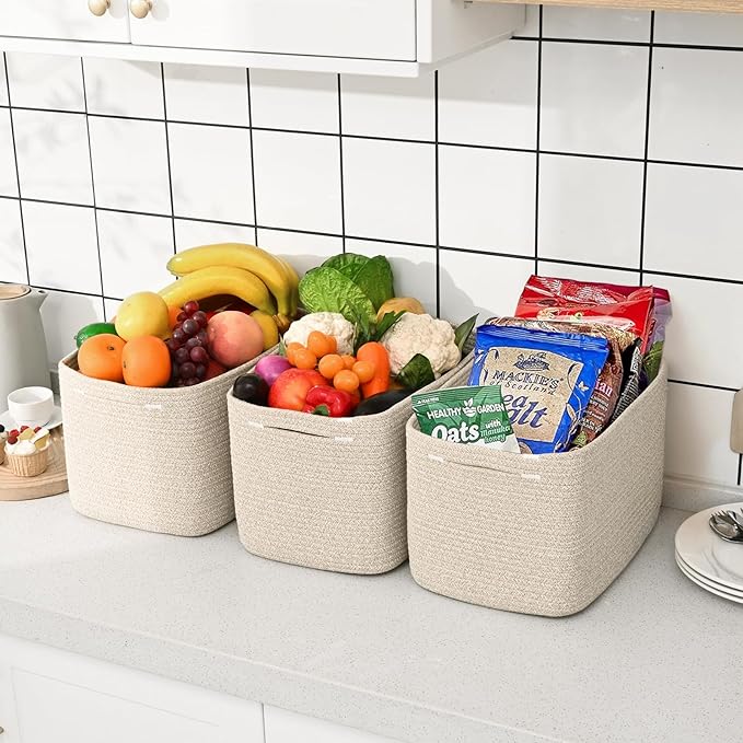 3-Pack Shelf Baskets for Organizing, Woven Storage Basket for Shelves, Cotton Rope Storage Bins for Toys Books, Nursery Towel Baskets for Classroom, 14.96"X9.8"X8.85", Brown